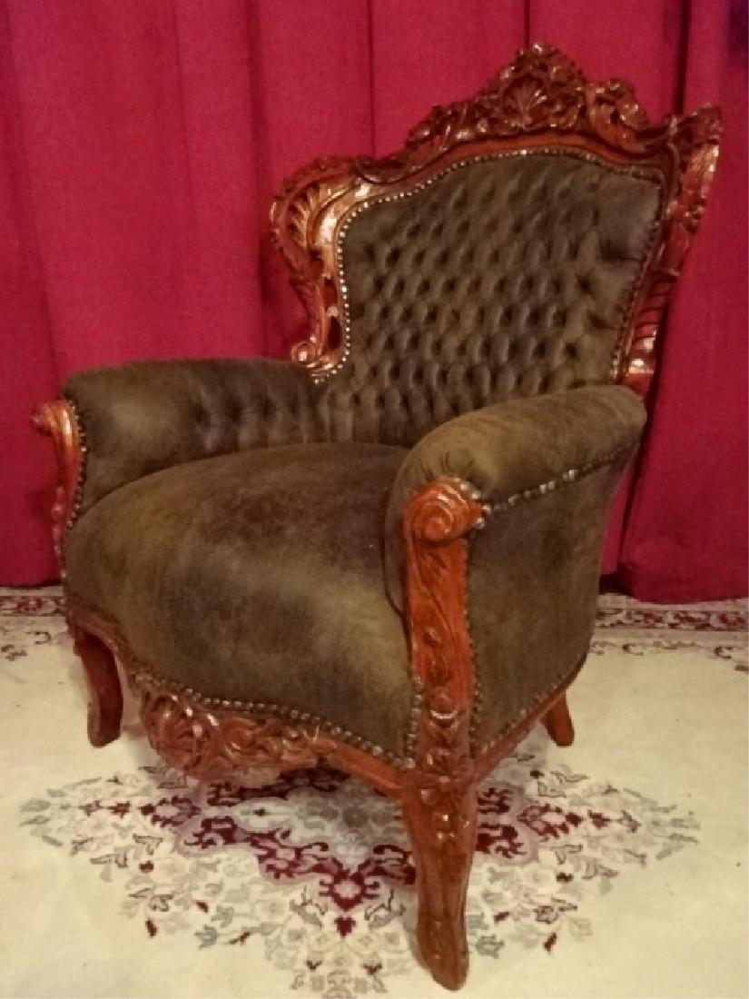 LOUIS XIV STYLE BERGERE ARM CHAIR, COCOA SUEDED TUFTED: LOUIS XIV STYLE BERGERE ARM CHAIR, COCOA SUEDED TUFTED UPHOLSTERY, CARVED WOOD FRAME, VERY GOOD CONDITION, MEASURES APPROX 36"H X 33W X 30"D, SKU155