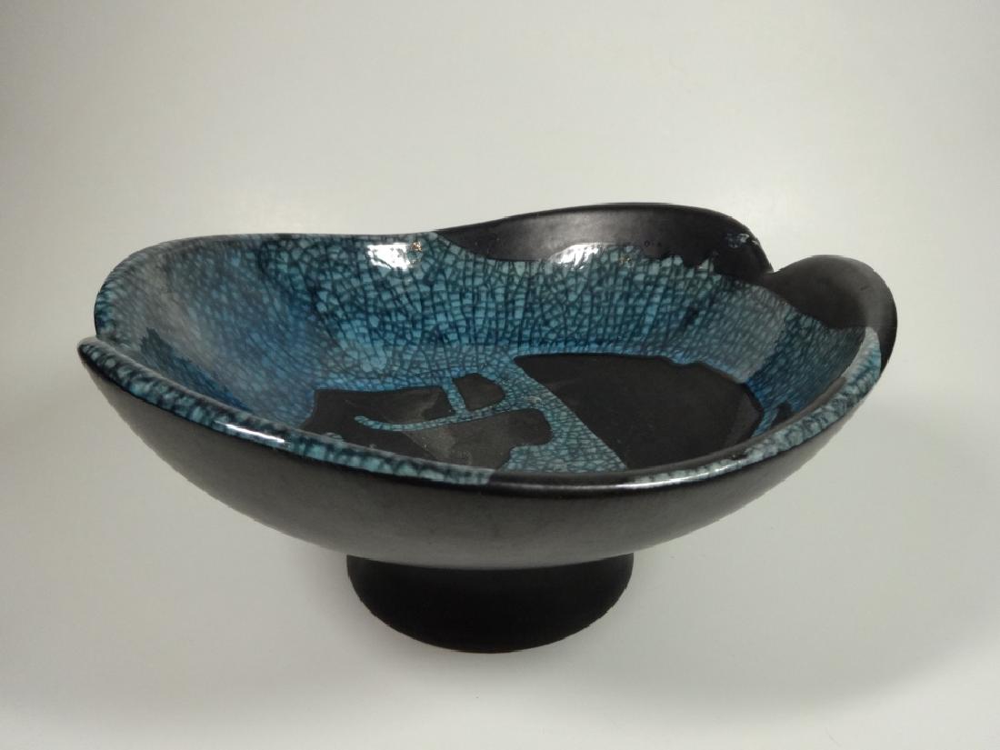 ROYAL HAEGER POTTERY PEDESTAL BOWL, BLACK WITH BLUE (1 of 5)
