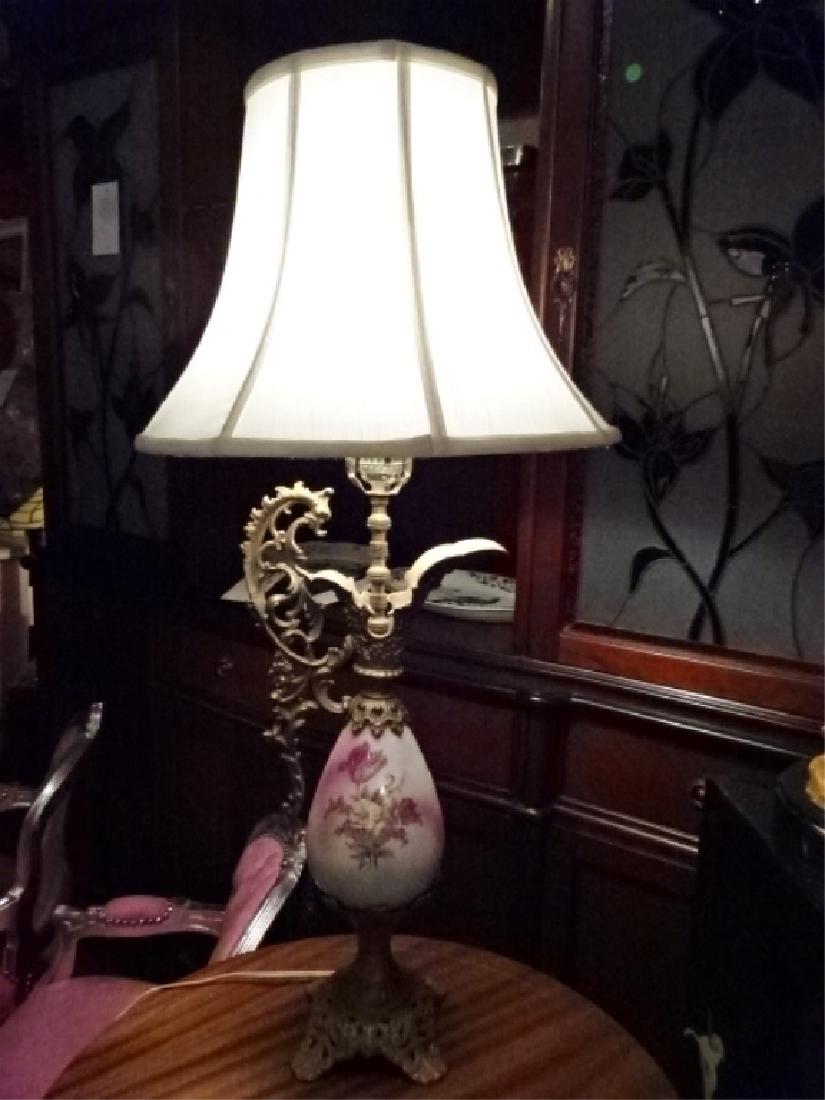 LARGE BRASS AND PORCELAIN LAMP, EWER FORM BASE, APPROX (1 of 3)