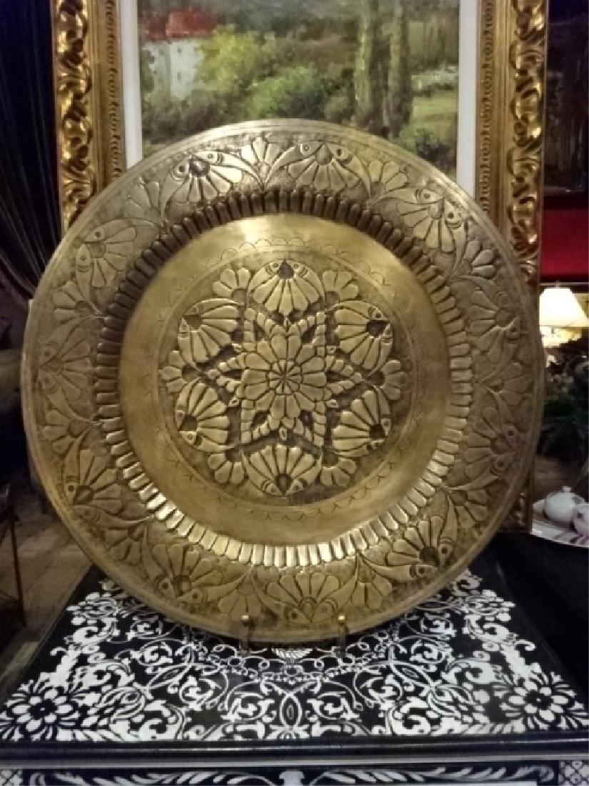 LARGE DECORATIVE METAL PLATTER ON STAND, ORNATE ETCHED (1 of 5)