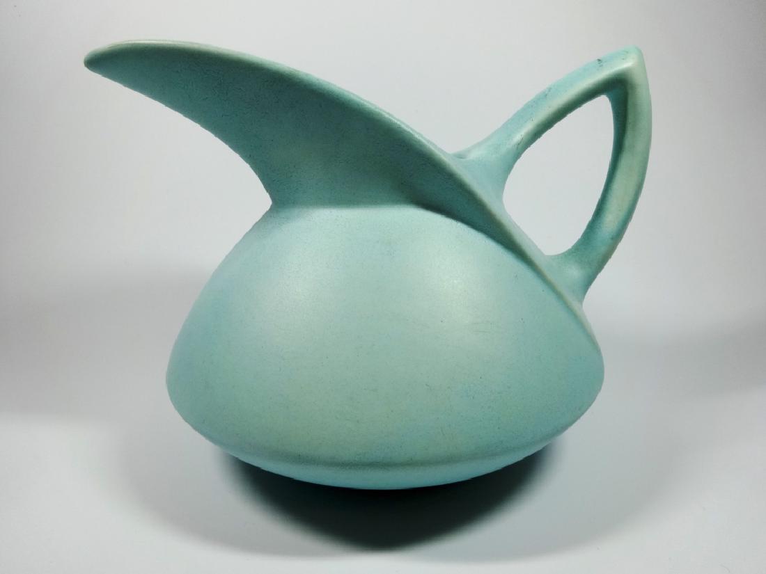 MID CENTURY BLUE POTTERY PITCHER, UNMARKED, APPROX 6" X (1 of 5)