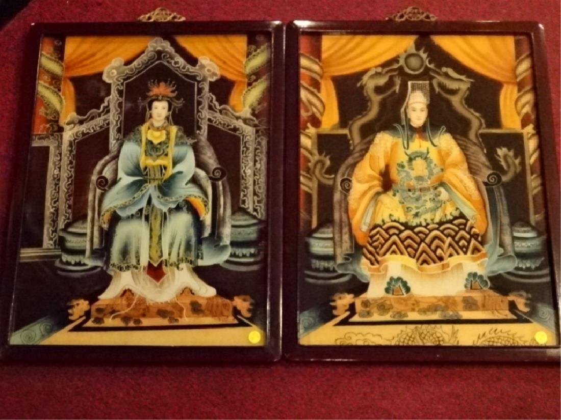 2 CHINESE REVERSE PAINTINGS ON GLASS, EMPEROR AND (1 of 5)