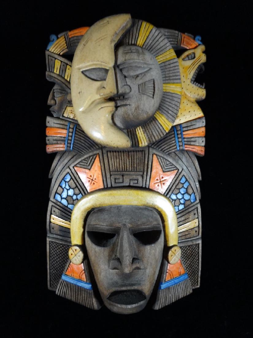 CENTRAL AMERICAN CARVED WOOD WALL SCULPTURE, FIGURES: CENTRAL AMERICAN CARVED WOOD WALL SCULPTURE, FIGURES WITH SUN AND MOON, 14" X 8", SKU280.05