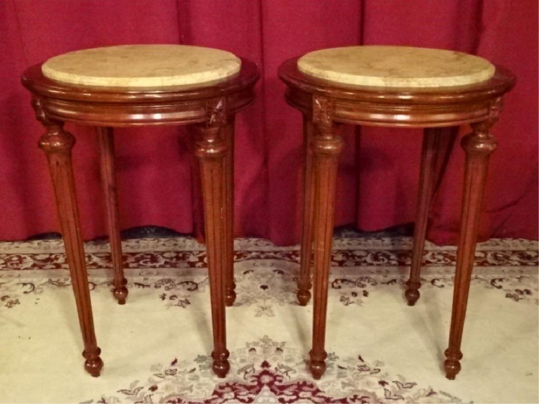 PAIR LOUIS XVI STYLE TABLES, MARBLE TOPS, FLUTED LEGS, (1 of 6)