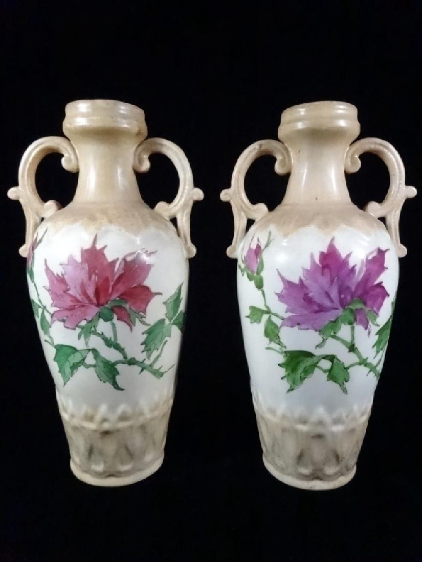 PAIR VINTAGE CERAMIC VASES, PAINTED FLORALS, DUAL (1 of 5)