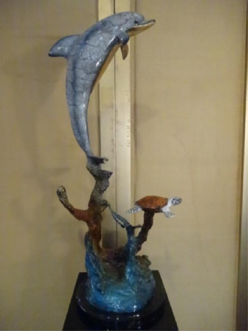 LARGE PATINATED BRONZE DOLPHIN SCULPTURE WITH SEA (1 of 9)