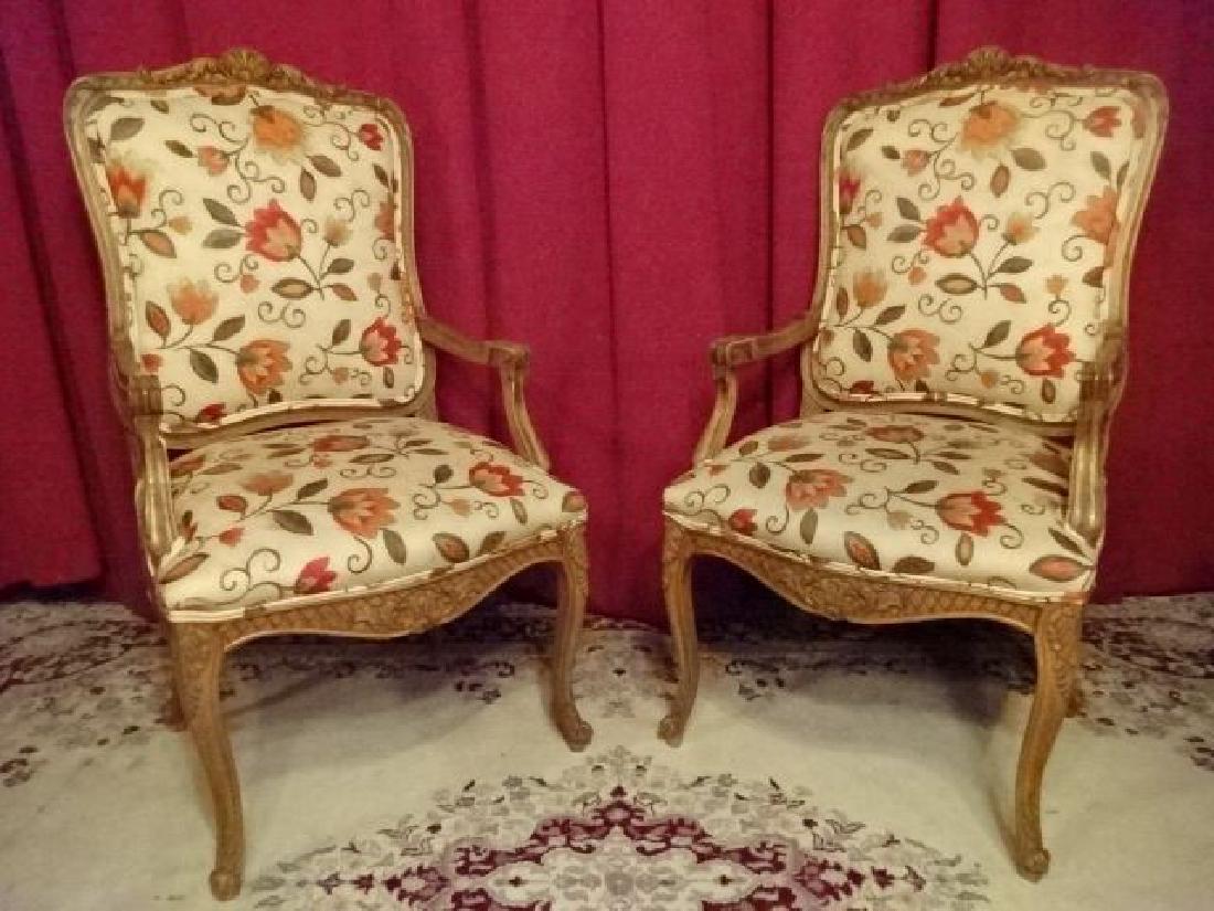 PAIR FRENCH STYLE ARM CHAIRS, MEDIUM FINISH WOOD FRAMES (1 of 8)