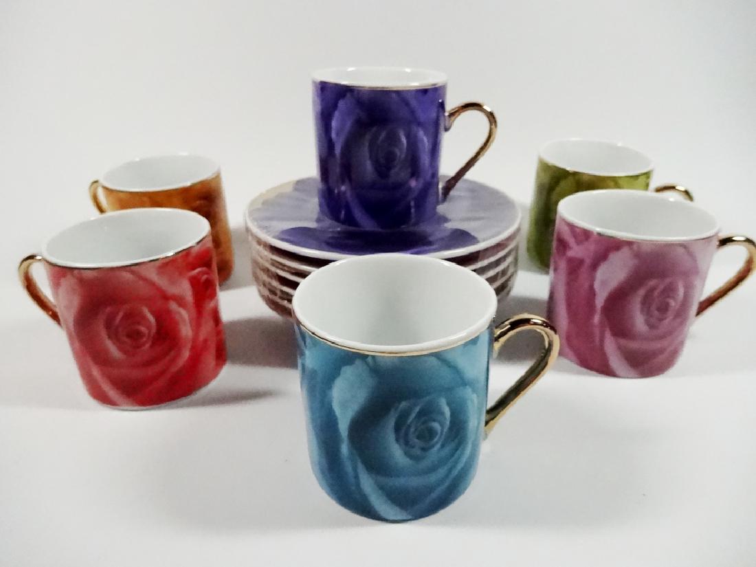 12 PC DEMITASSE COFFEE SET BY CLASSIC COFFEE & TEA,: 12 PC DEMITASSE COFFEE SET BY CLASSIC COFFEE & TEA, MULTICOLOR ROSE DESIGN, IN ORIGINAL BOX, INCLUDES 6 CUPS & 6 SAUCERS (NEVER USED, IN ORIGINAL WRAP)