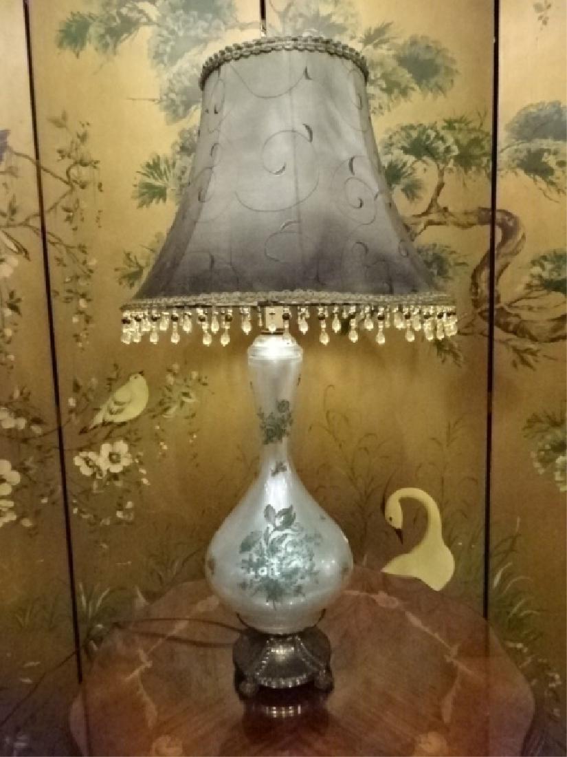 VINTAGE GLASS LAMP WITH BEADED FRINGE SHADE, BRASS (1 of 8)