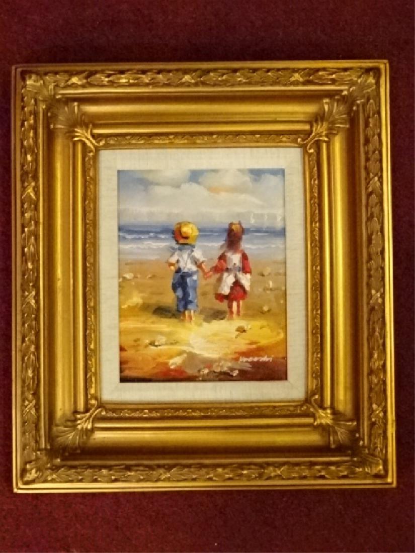 OIL ON CANVAS PAINTING, 2 CHILDREN ON BEACH, SIGNED: OIL ON CANVAS PAINTING, 2 CHILDREN ON BEACH, SIGNED LOWER RIGHT (NOT LEGIBLE), IN ORNATE GOLD FINISH FRAME, VERY GOOD CONDITION, FRAMED SIZE 19" X 16.5", SKU308.18