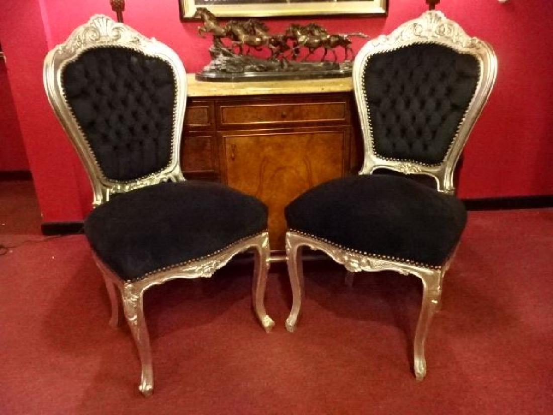 PAIR LOUIS XV STYLE SILVER GILT CHAIRS, BLACK VELVET (1 of 6)