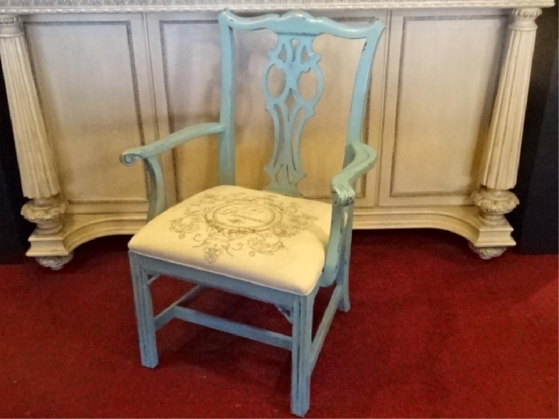CHIPPENDALE STYLE ARM CHAIR, LIGHT BLUE PAINTED FINISH, (1 of 7)