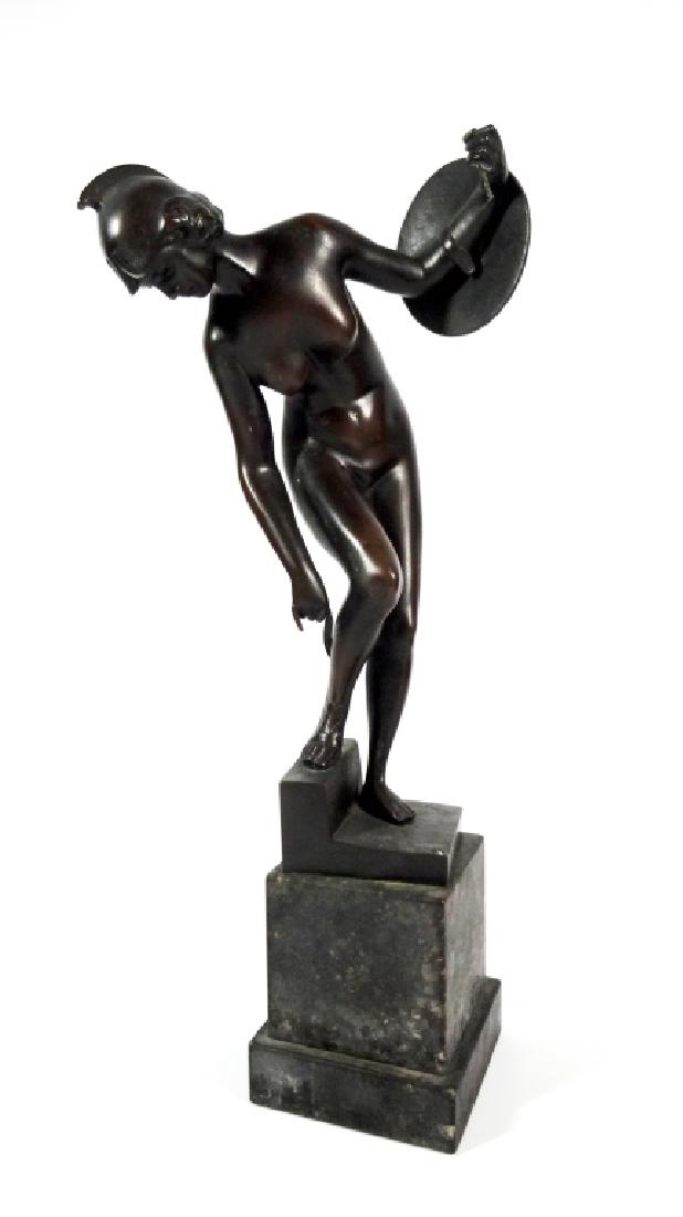 ERNST BECK VIENNA BRONZE SCULPTURE, NUDE FEMALE WARRIOR: ERNST BECK VIENNA BRONZE SCULPTURE, NUDE FEMALE WARRIOR WITH SHIELD, PATINATED FINISH, INSCRIBED BECK ON BASE, APPROX 12.5", SKU320.07
