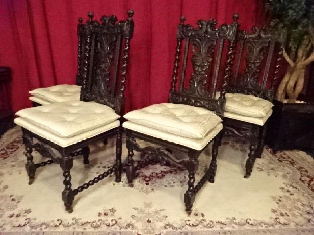 4 ANTIQUE RENAISSANCE REVIVAL CHAIRS, CARVED FACES ON: 4 ANTIQUE RENAISSANCE REVIVAL CHAIRS, CARVED FACES ON BACK SPLATS WITH SPIRAL TWISTS, NEWER GOLD UPHOLSTERED SEATS, VERY GOOD CONDITION, 44"H X 19"W X 21"D, SKU320.01