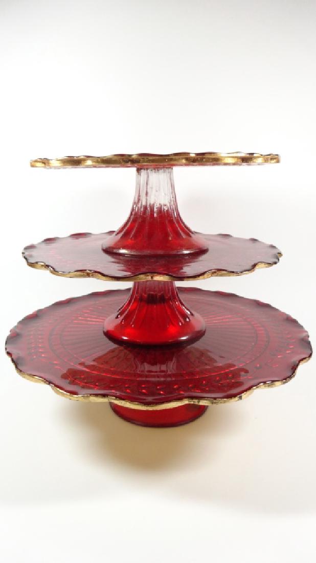3 PC RED GLASS CAKE PLATTERS, GOLD TRIM, APPROX 12" (1 of 5)