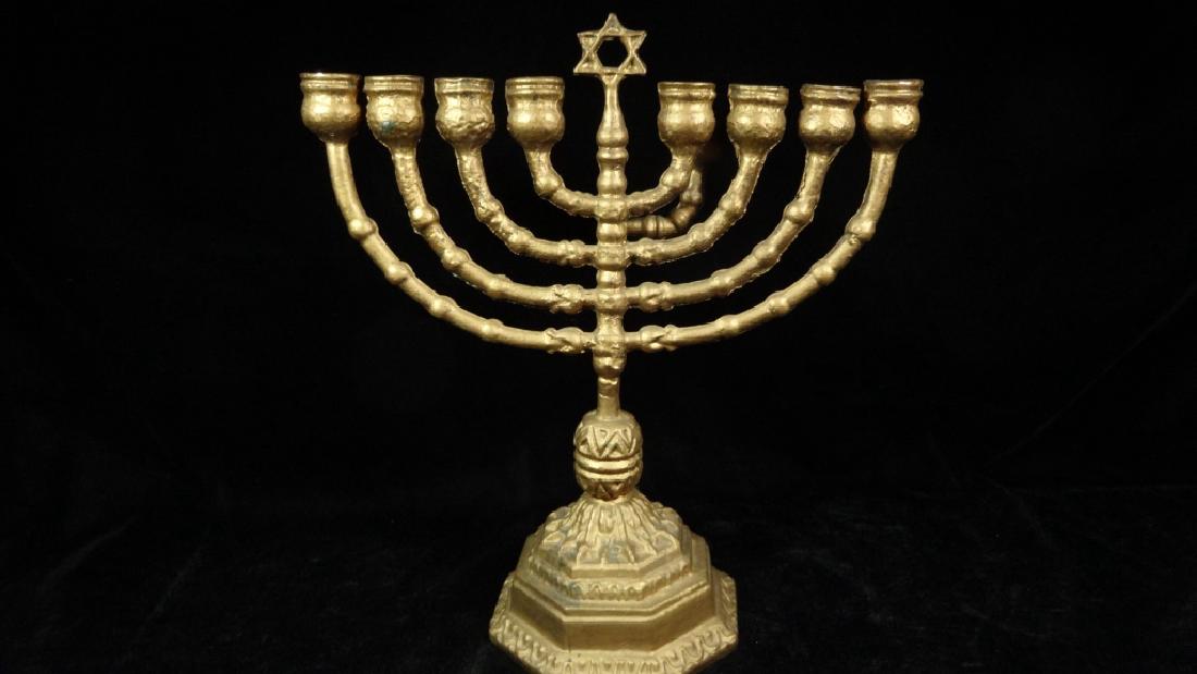 GOLD FINISH METAL MENORAH, APPROX 10 5/8" X 9 5/8",: GOLD FINISH METAL MENORAH, APPROX 10 5/8" X 9 5/8", SKU5322.02