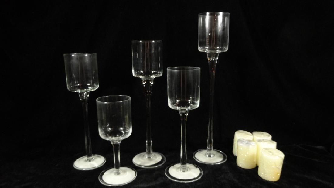 5 PC VOTIVE CANDLES HOLDERS, CLEAR GLASS ON TALL STEMS, (1 of 8)
