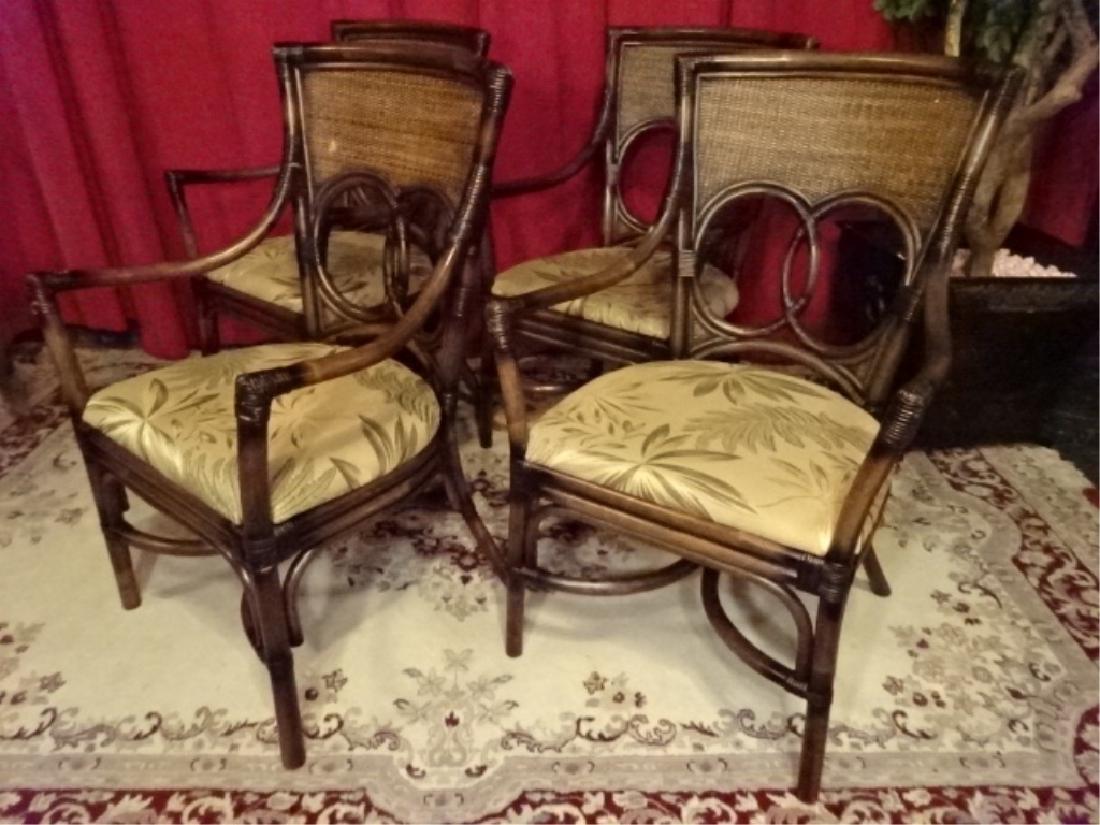 4 PC SET RATTAN AND WOOD ARM CHAIRS, PALM UPHOLSTERED (1 of 6)