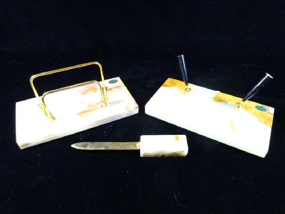 3 PC ONYX AND BRASS DESK SET, WITH PEN HOLDER, LETTER (1 of 4)
