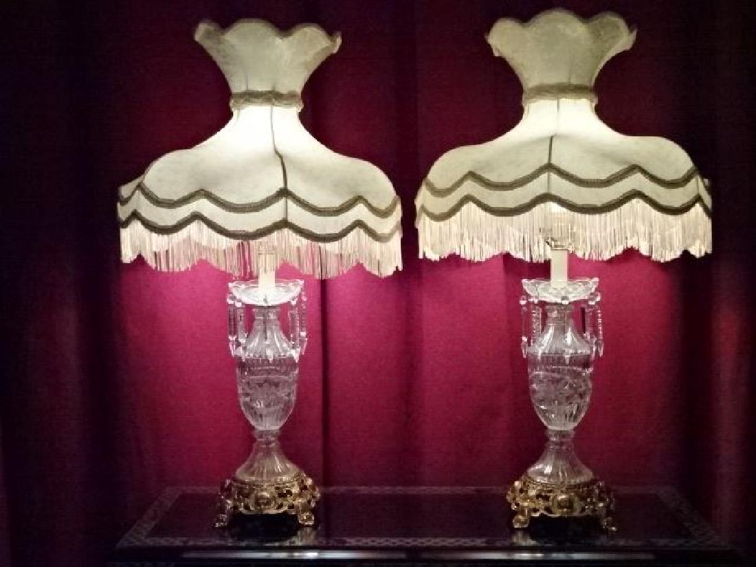 PAIR LARGE CRYSTAL LAMPS, CRYSTAL DROPS, ORNATE BRASS (1 of 7)