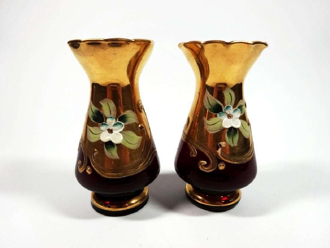 2 PC VINTAGE RUBY GLASS BUD VASES, GOLD TRIM & PAINTED (1 of 8)