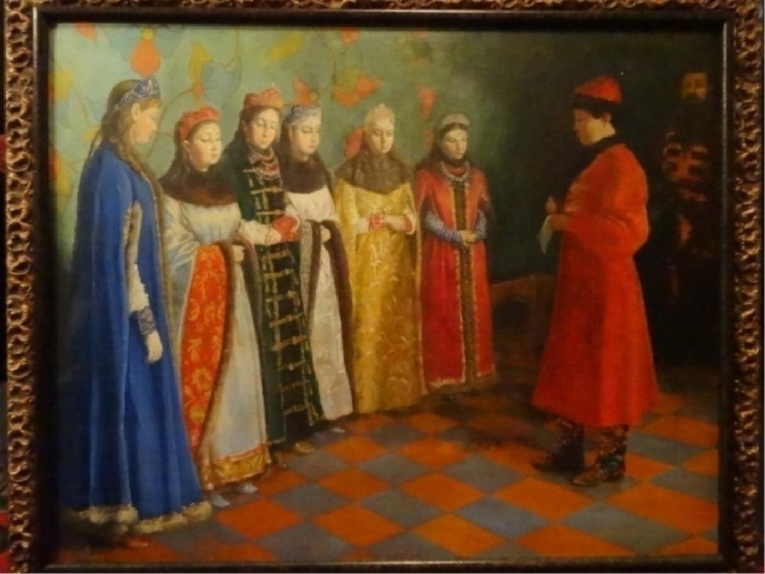 LARGE RUSSIAN OIL PAINTING ON BOARD, FIGURAL SCENE, (1 of 11)