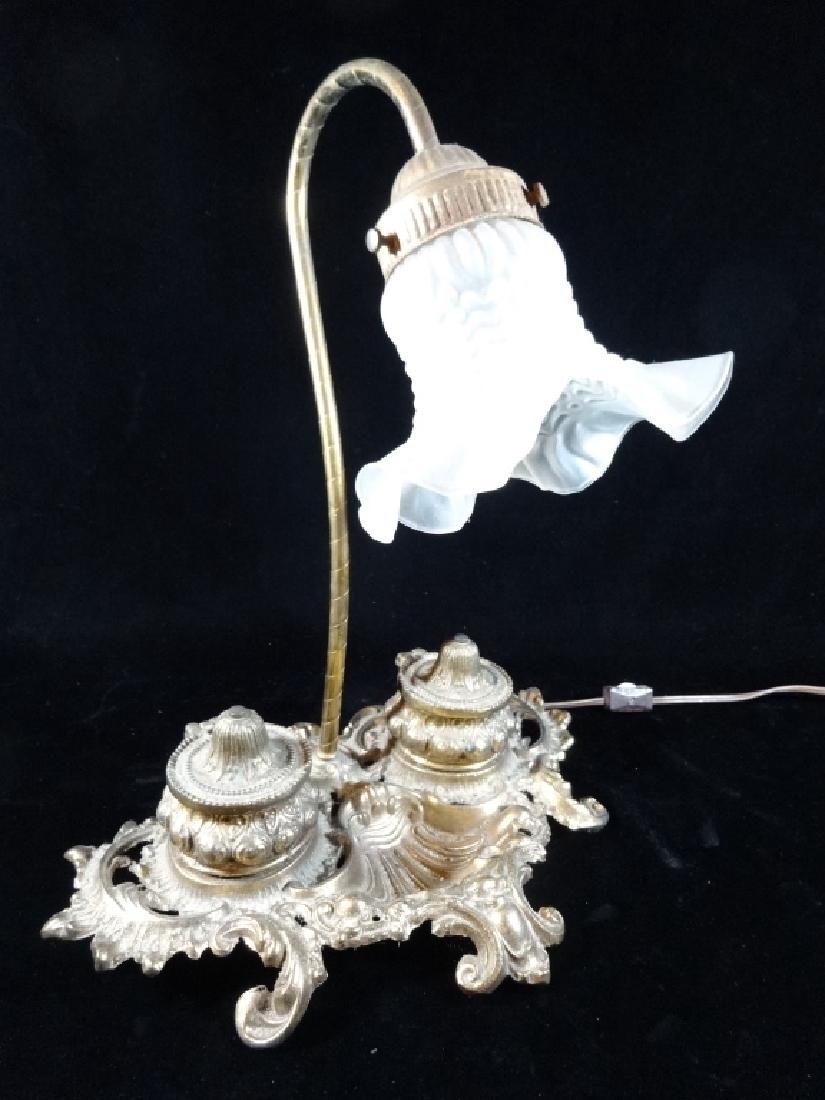 VINTAGE BRASS INKWELL TABLE LAMP, RUFFLED GLASS SHADE, (1 of 5)