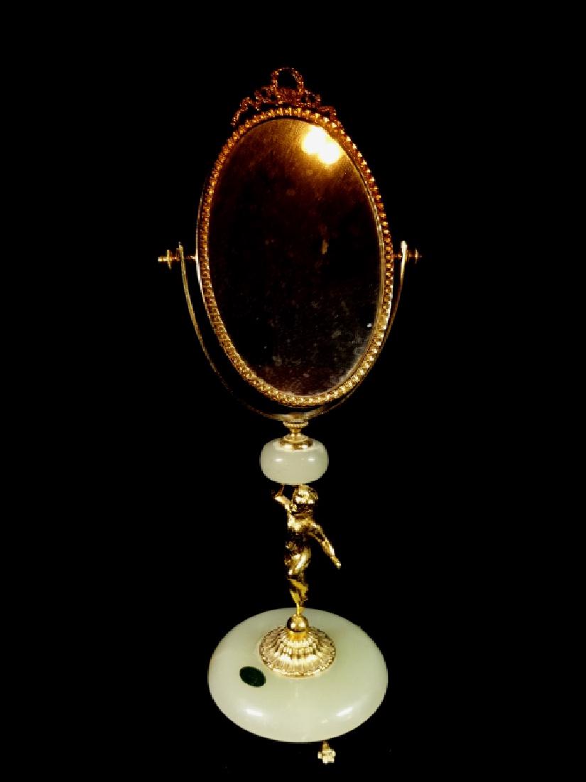 ONYX OVAL TABLE MIRROR, WITH ONYX OF PAKISTAN, MADE IN: ONYX OVAL TABLE MIRROR, WITH ONYX OF PAKISTAN, MADE IN ITALY LABEL, APPROX 13.25"H