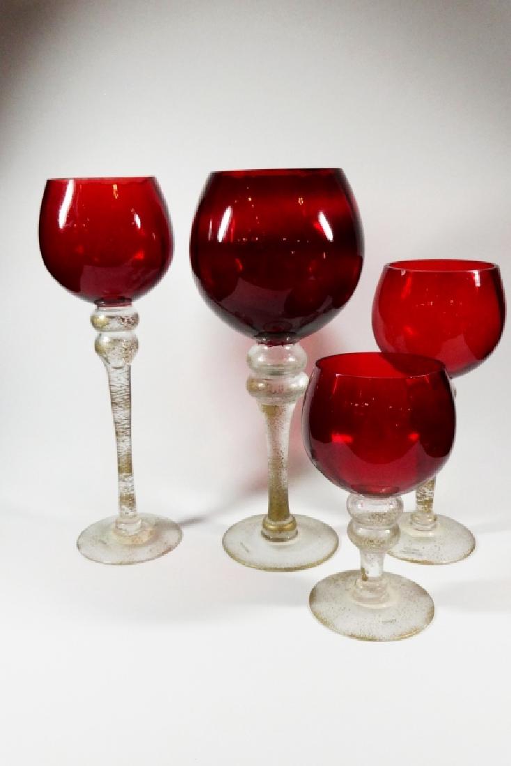 4 PC RED, GOLD & CLEAR GLASS CANDLE HOLDERS, TALLEST (1 of 6)