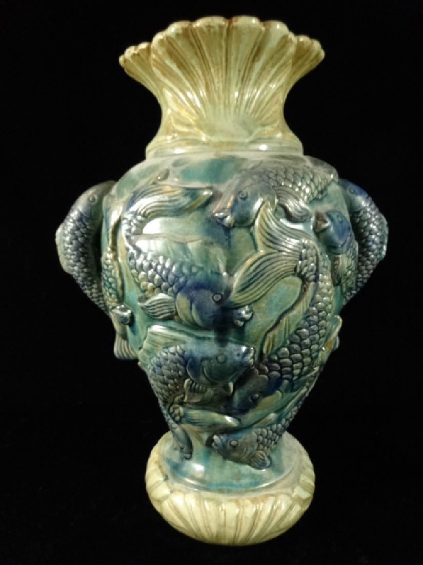 LARGE CERAMIC VASE WITH KOI FISH IN RELIEF, BLUE / (1 of 5)