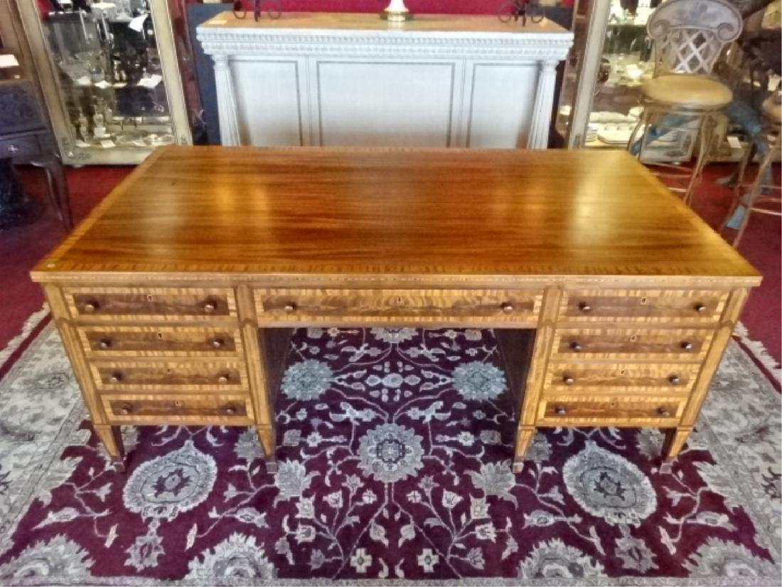 L. KREISS AND SONS MARQUETRY PARTNER'S DESK, EARLY: L. KREISS AND SONS MARQUETRY PARTNER'S DESK, EARLY 1900's, 9 DRAWERS ON EACH SIDE, INLAID AND MATCHED VENEERS, DOVETAIL JOINTS, LABELED L. KREISS AND SONS SAN FRANCISCO, VERY GOOD CONDITION COMMENSURA