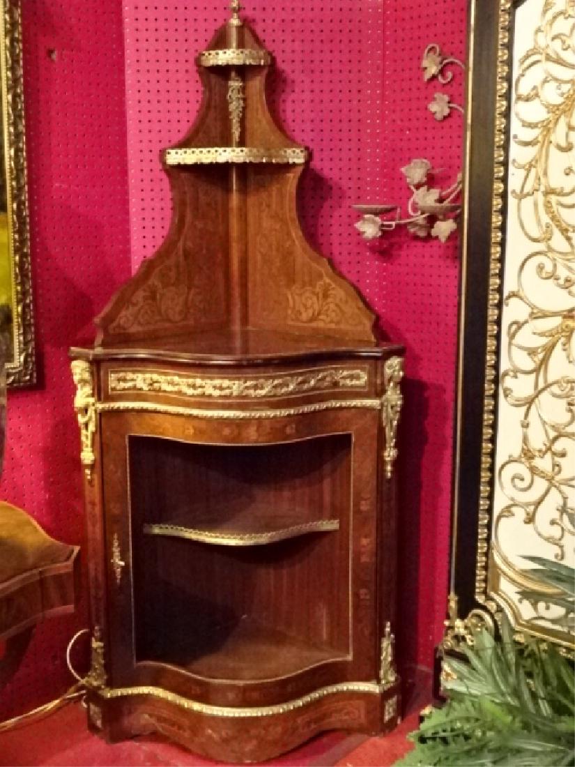 FRENCH EMPIRE STYLE MARQUETRY CORNER CABINET, GILT (1 of 7)