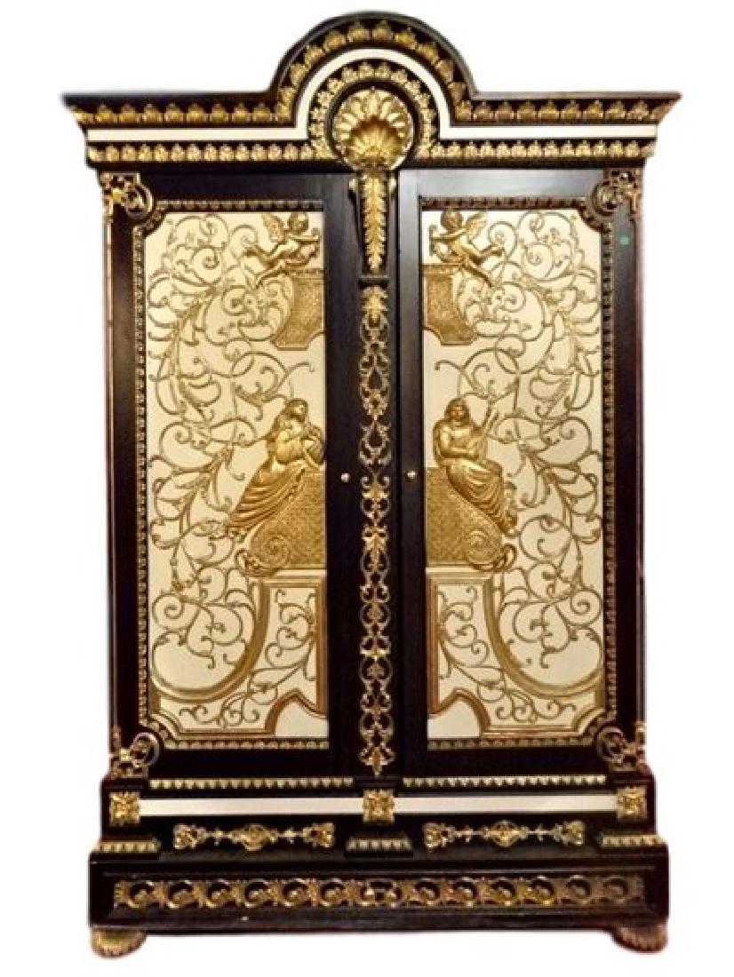 ROCOCO CABINET, 2 DOORS, BLACK, IVORY, AND GOLD FINISH,: ROCOCO CABINET, 2 DOORS, BLACK, IVORY, AND GOLD FINISH, INTERIOR WOOD SHELVES, VERY GOOD CONDITION, 83"H X 53"W X 22"D, SKU320.13