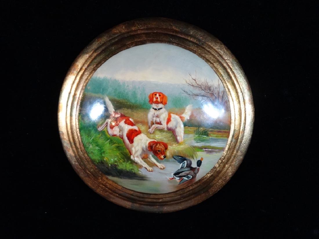 CONVEX PAINTING IN ROUND FRAME, HUNT SCENE WITH TWO (1 of 3)