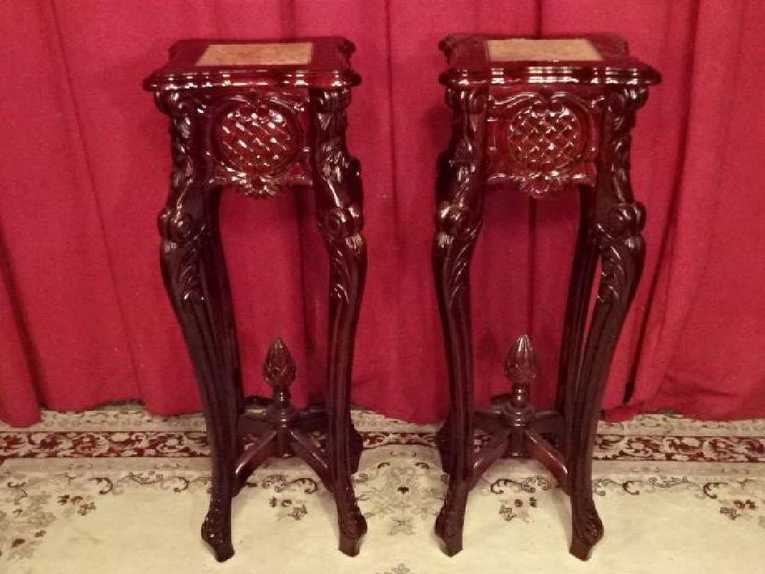PAIR CARVED WOOD PEDESTALS, MARBLE TOPS, VERY GOOD (1 of 5)