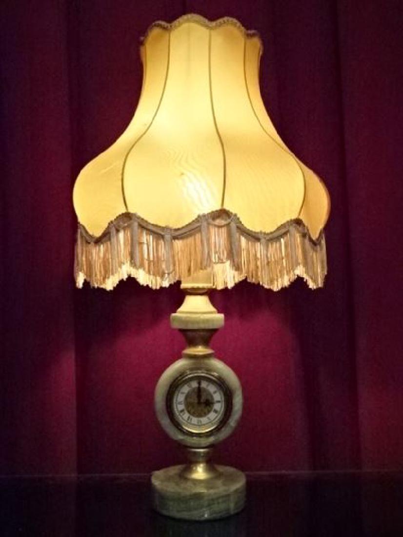 ONYX TABLE LAMP WITH CLOCK BASE, BRASS ACCENTS, FRINGED (1 of 5)