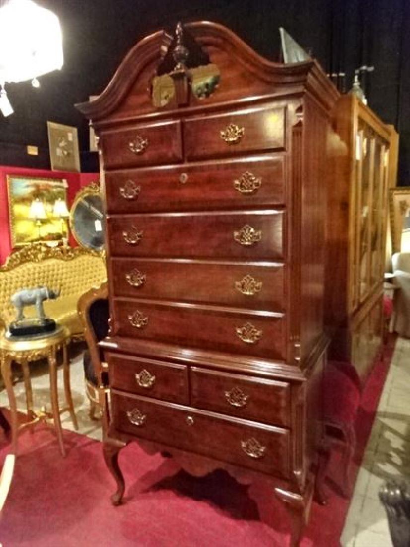 QUEEN ANNE STYLE HIGHBOY CHEST, 9 DRAWERS, BRASS PULLS,: QUEEN ANNE STYLE HIGHBOY CHEST, 9 DRAWERS, BRASS PULLS, BONNET TOP, VERY GOOD CONDITION, APPROX 78"H X 16"D X 36"W