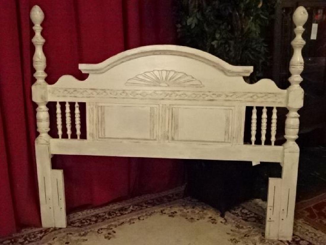 WHITE PAINTED WOOD HEADBOARD, LIGHTLY DISTRESSED: WHITE PAINTED WOOD HEADBOARD, LIGHTLY DISTRESSED FINISH, ADJUSTABLE FOR QUEEN OR FULL SIZE, 55"H X 65"W, SKU155