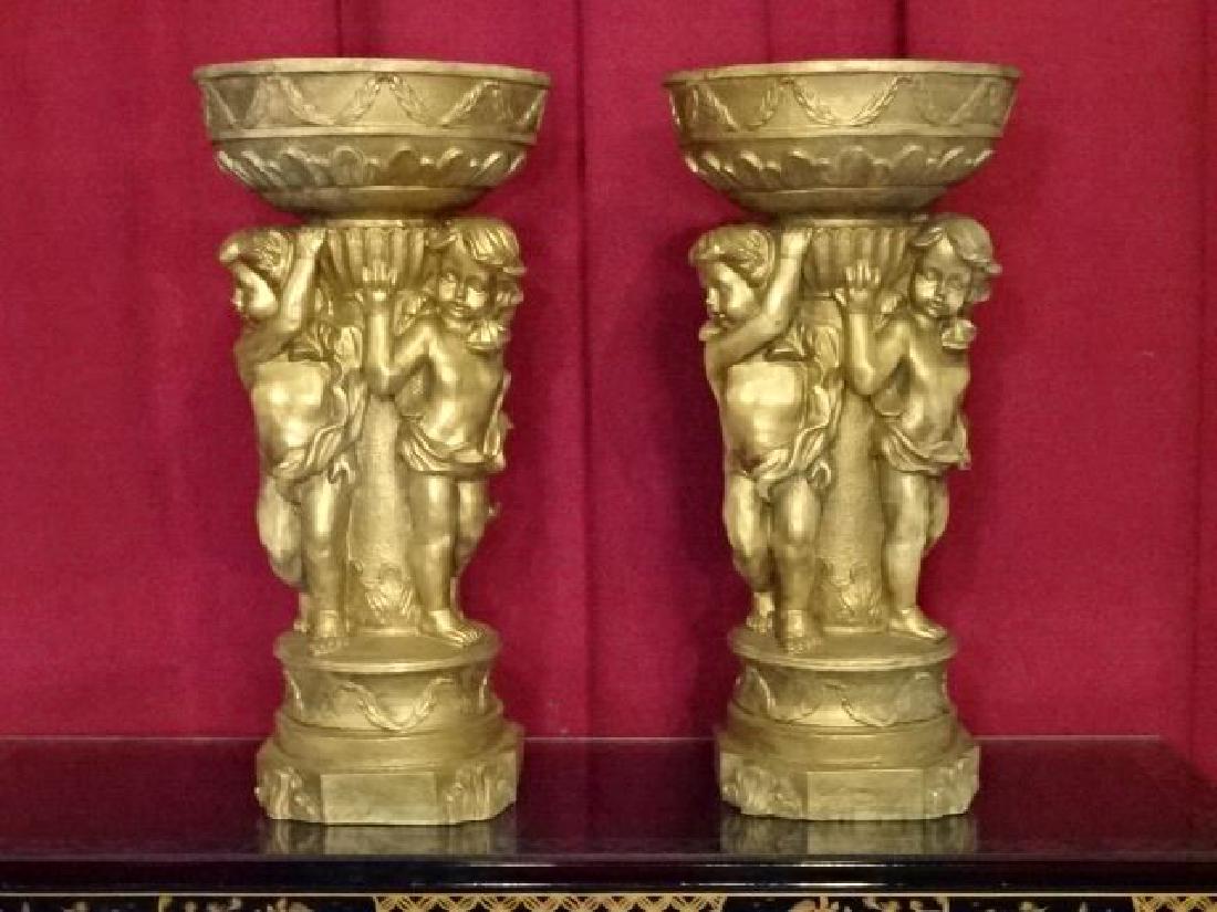 PAIR LARGE FIGURAL PEDESTAL BOWLS, GOLD FINISH RESIN (1 of 6)