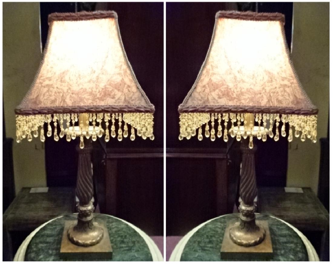 PAIR GOLD FINISH TABLE LAMPS, BEADED FRINGE SHADES, (1 of 5)