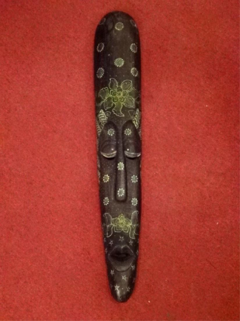LARGE HAND CARVED BALINESE WOOD MASK, PAINTED GREEN AND: LARGE HAND CARVED BALINESE WOOD MASK, PAINTED GREEN AND GOLD DESIGNS, MADE IN INDONESIA, VERY GOOD CONDITION, APPROX 40" X 6.5", SKU318.07