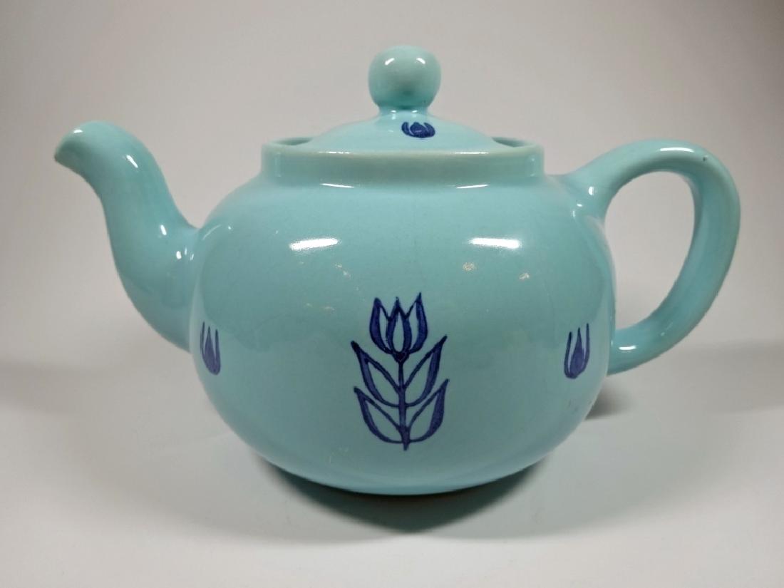 BLUE CERAMIC TEAPOT WITH FLORAL DESIGN, HAIRLINE CRACK (1 of 6)
