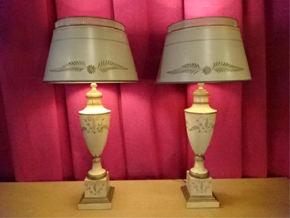 PAIR MID CENTURY TOLE PAINTED LAMPS, OFF WHITE WITH (1 of 7)