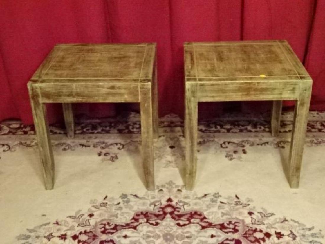 PAIR SQUARE PAINTED WOOD TABLES, DISTRESSED GREEN AND (1 of 5)