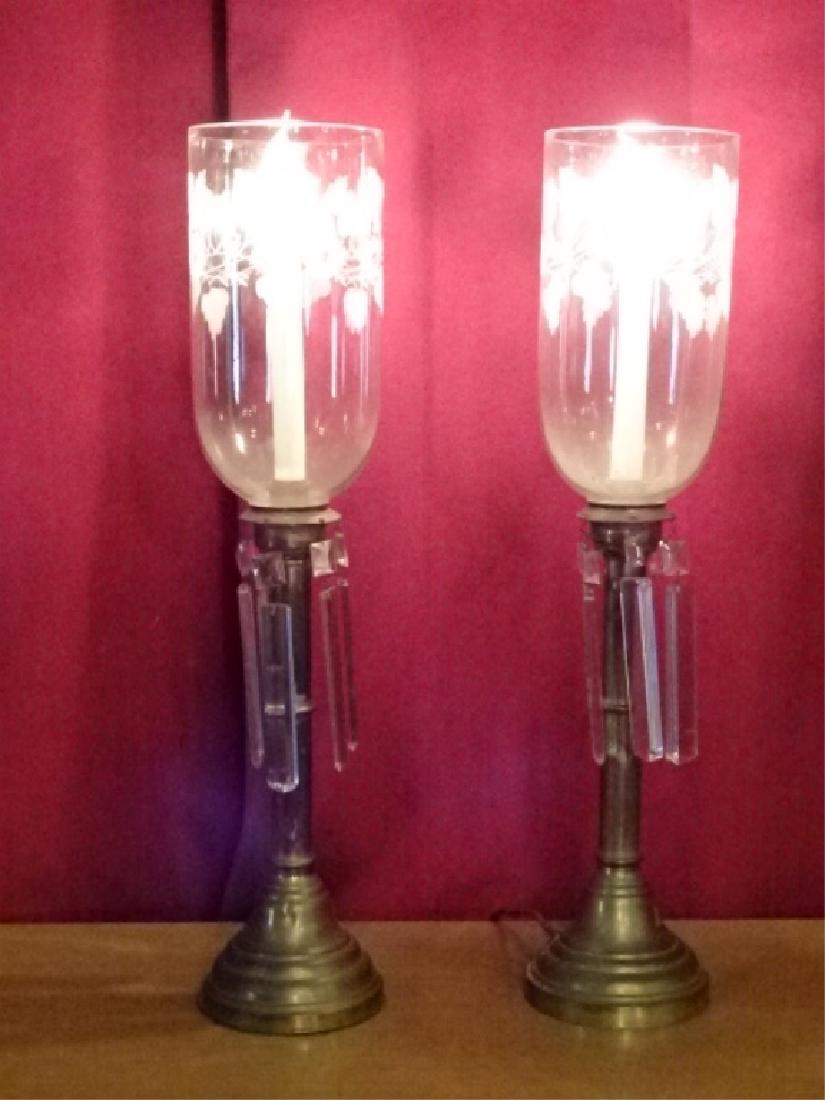 PAIR VINTAGE BRASS LAMPS, ETCHED GLASS SHADES, VERY (1 of 5)