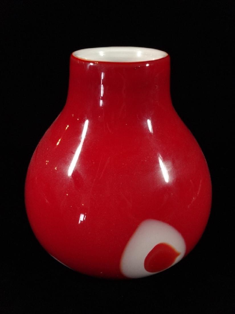 RED ART GLASS VASE, WHITE DETAIL & INTERIOR, APPROX 9" (1 of 2)