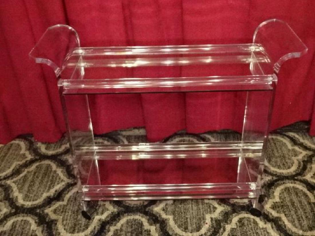 LUCITE BAR CART ON CASTERS, MIRRORED SHELVES, EXCELLENT (1 of 6)