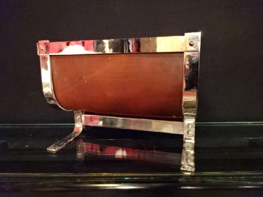MID CENTURY CHROME AND LEATHER MAGAZINE RACK, FLAT BAR (1 of 3)