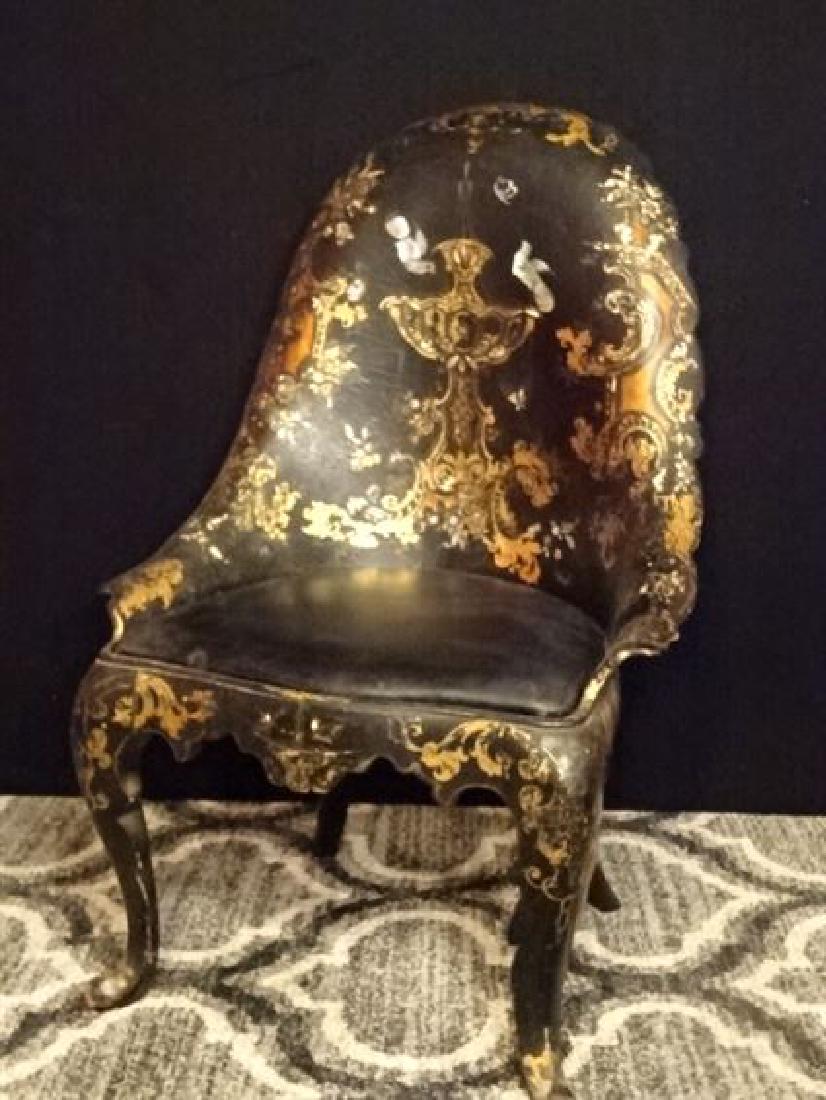 19TH C. CHINOISERIE PAPIER MACHE ARM CHAIR WITH MOTHER: 19TH C. CHINOISERIE PAPIER MACHE ARM CHAIR WITH MOTHER OF PEARL, LATE 1800's, BLACK, GOLD, AND SILVER DECORATION WITH MOTHER OF PEARL BIRDS, VERY GOOD VINTAGE CONDITION WITH MINOR WEAR COMMENSURATE WI