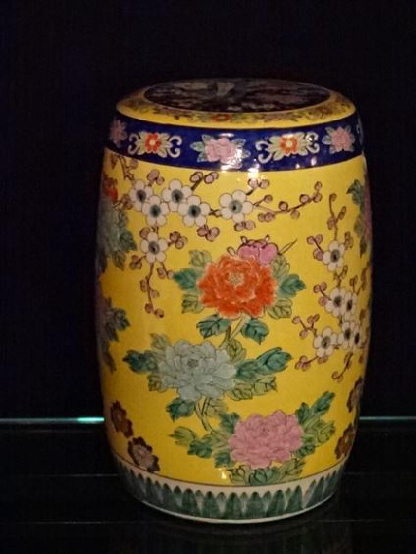 CHINESE PORCELAIN GARDEN STOOL, YELLOW WITH PAINTED (1 of 6)